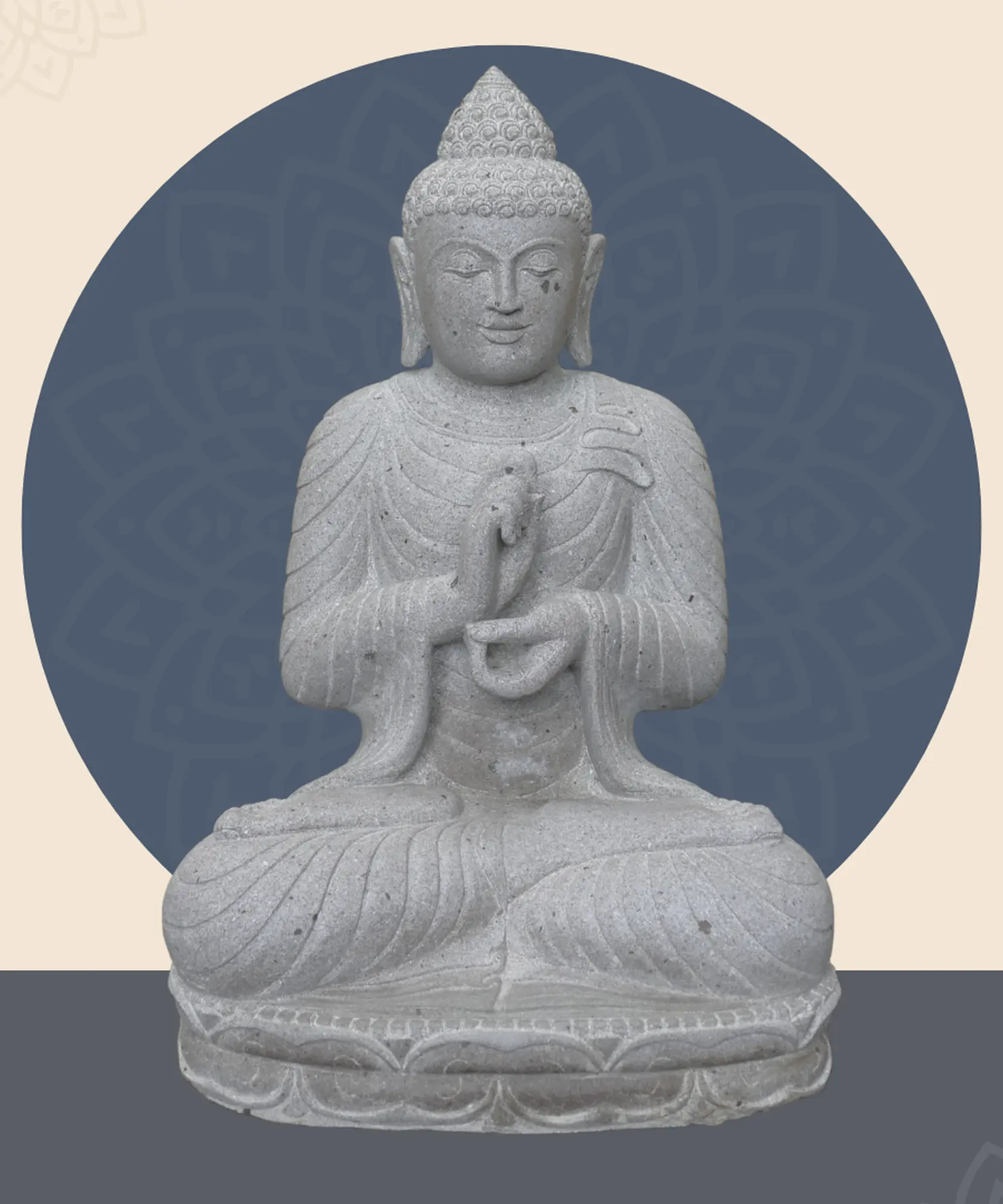  Product image 1 of the product “Seated Buddha made of Riverstone in Dharmachakra gesture of wheel of the teaching of the Dharma, H. 80cm. ”
